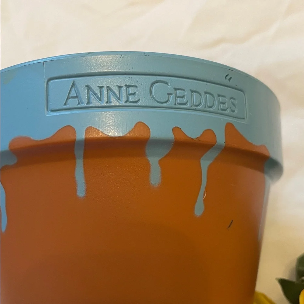 Anne Geddes Terra Cotta Pot with Blue Drip Rim
